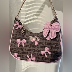 Juicy Couture Brown Logo Shoulder Bag with Pink Bow Accents